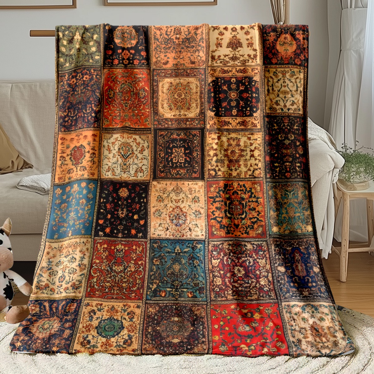 TEMU 1pc Vintage Pattern Printed Outdoor Blanket - Lightweight Flannel, Soft And Warm, Vibrant , Suitable For Camping, Picnics, Hiking, Travel,