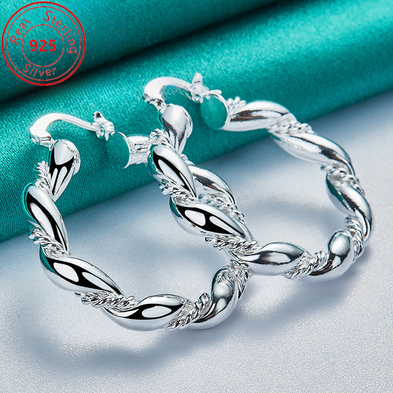 TEMU 1 Pair Of S925 Sterling Silvery -35mm Twist Cord Twist Earrings - Hypoallergenic - Stylish Retro Style - Perfect For Casual Attire And Gift -