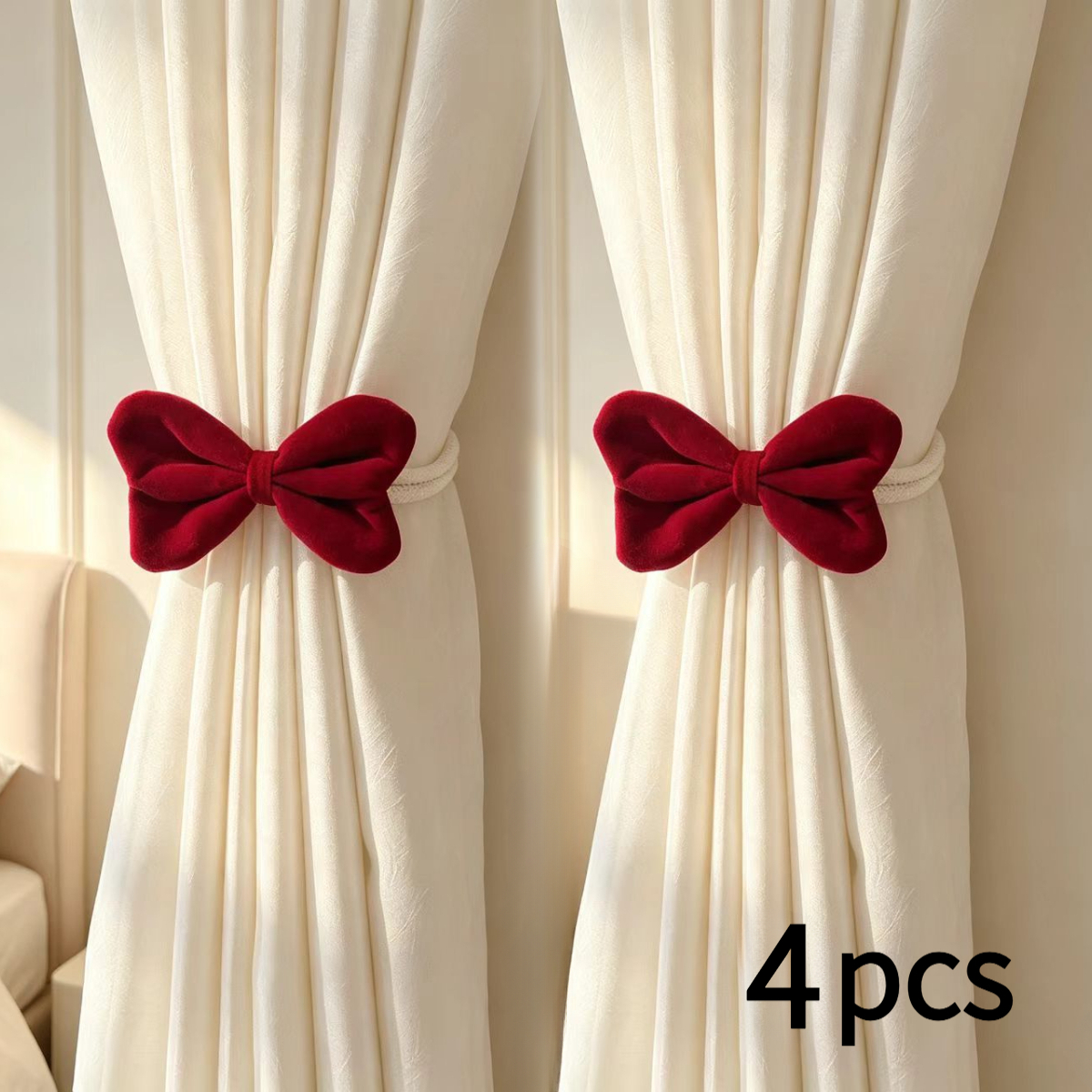TEMU 4-pack Velvet Bow Curtain Tiebacks, Adjustable Pearl No-drill Curtain Tiebacks, Suitable For Curtains, Bedroom, Living Room Home Decorative