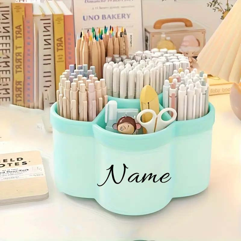TEMU Personalized Name Rotating Desktop Organizer - Multi-compartment Storage Box, Customizable For Stationery, Makeup Brushes & Lipsticks - Durable