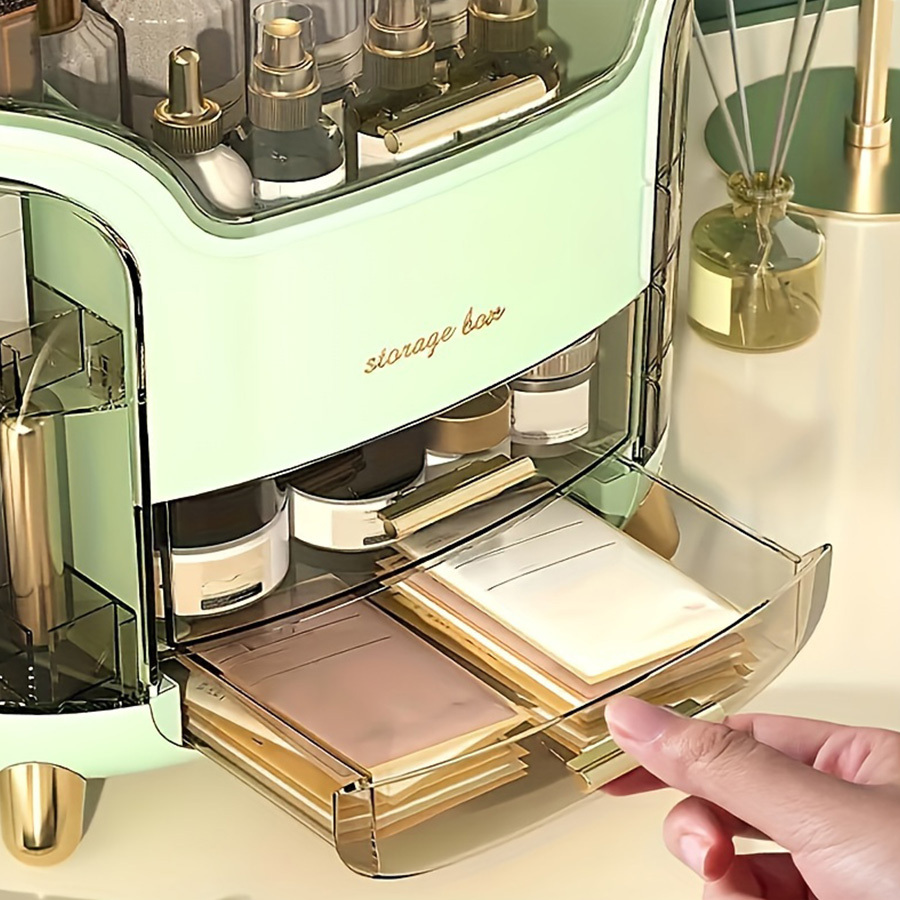 large capacity plastic cosmetic organizer with drawers & compartments - elegant pastel mint   portable makeup storage box, golden-  hardware, durable lightweight design for bathroom, vanity, bedroom - jewelry & accessory organizer, no power needed Product details 7