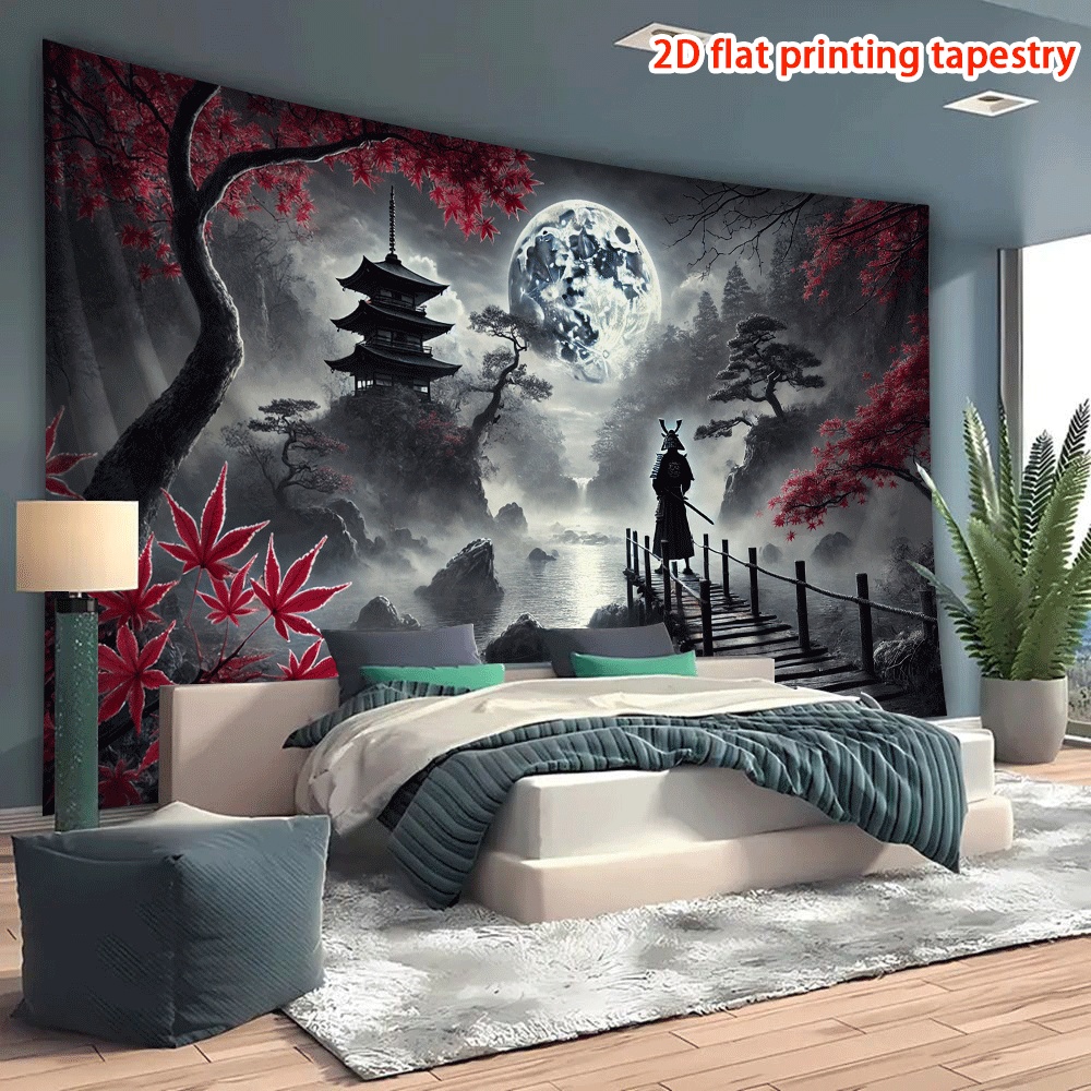 Samurai Under Moon Wall Hanging Tapestry For Living Room Decor_voghion.com