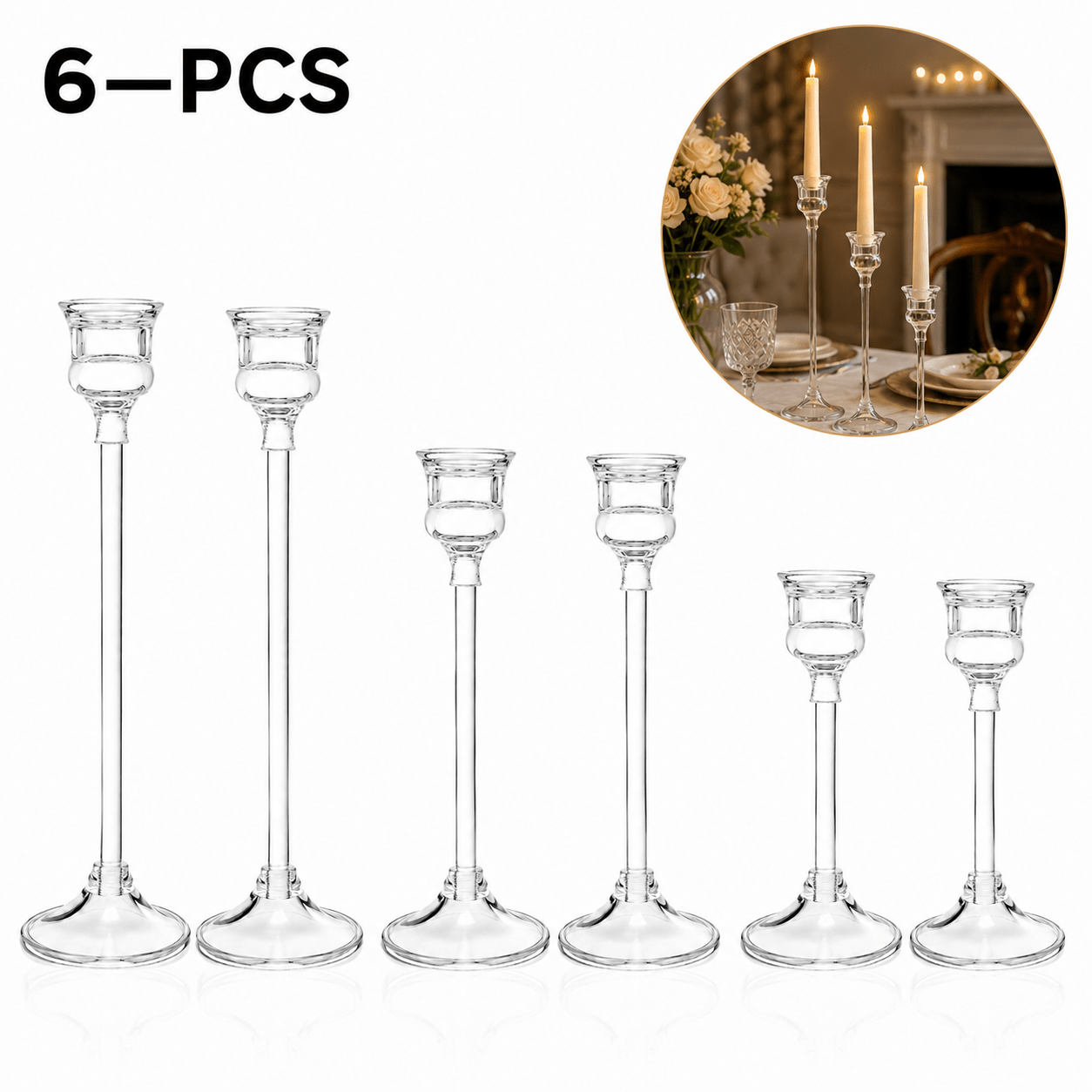 TEMU 6pcs Set Of Transparent Acrylic Candle Holders, Crystal-like Long Candle Holder Set, 2 High 2 Medium 2 Short Combination, Suitable For Led
