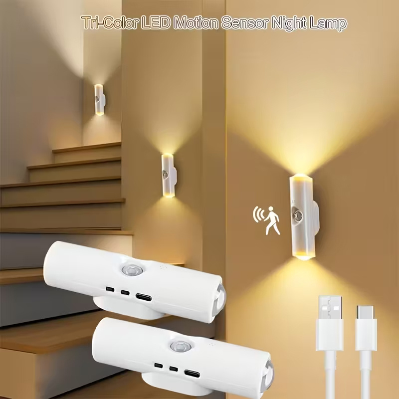 2LED Индукционна лампа за човешко тяло, Три вида светлина USB презареждаща се нощна лампа, Двуглав LED индукционна лампа за стена, Регулируема яркост в 3 цвята (Топло бяло/Неутрално/Студено бяло), USB зареждане, Регулируема яркост Котешко око Стенна лампа