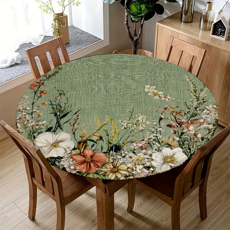 TEMU 1pc Round Semi-wrapped Tablecloth 1pc Pack, Polyester Round Elastic Tablecloth, Gray-green Round Placemat, With Decoration, Outdoor Farmhouse