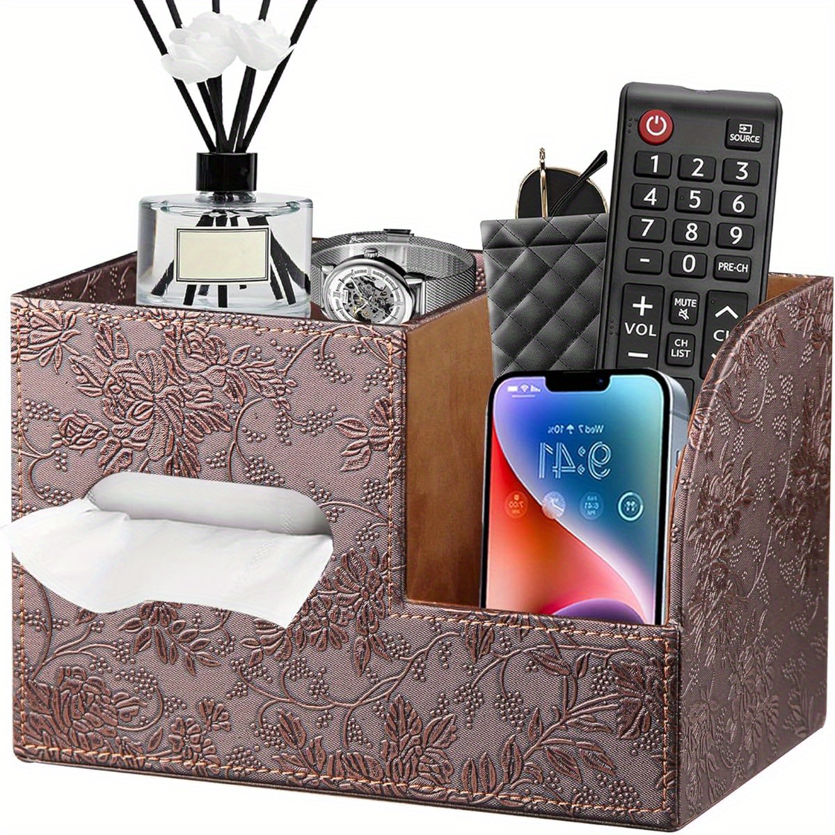 modern   leather tissue box cover with storage tray stylish facial paper organizer for bathroom vanity or nightstand   remote control holder and perfume bottle bathroom organizers and storage Product details 0