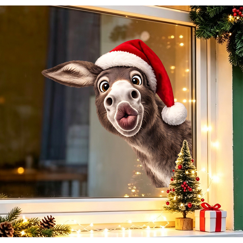 TEMU 1pc, Christmas Donkey Static Adhesive Window Sticker, Donkey Wearing Santa Hat Peeking With And Berry Gift Box Pattern, , Suitable For Living