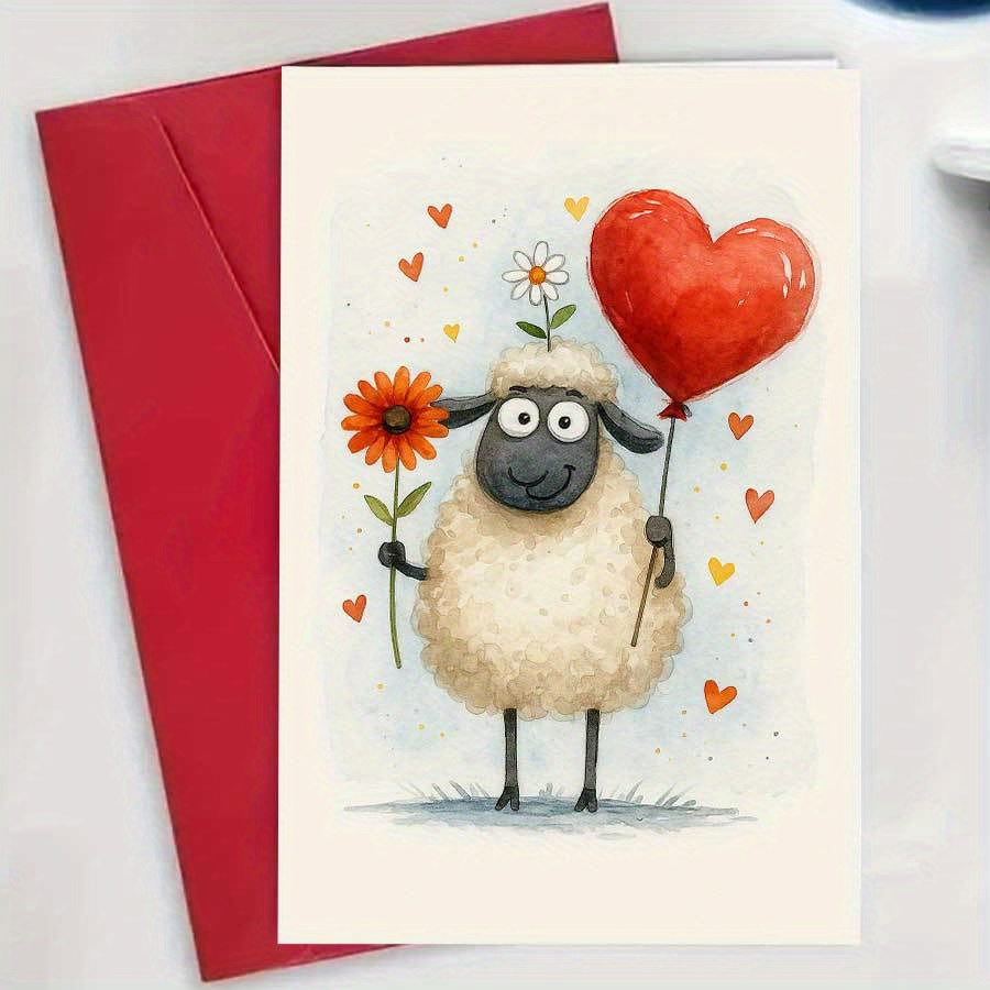 E-shop bezaubernde Grußkarte mit einem niedlichen Lamm, das einen herzförmigen Ballon und eine Blume hält, zum Ausdruck von Liebe und Dankbarkeit. Es