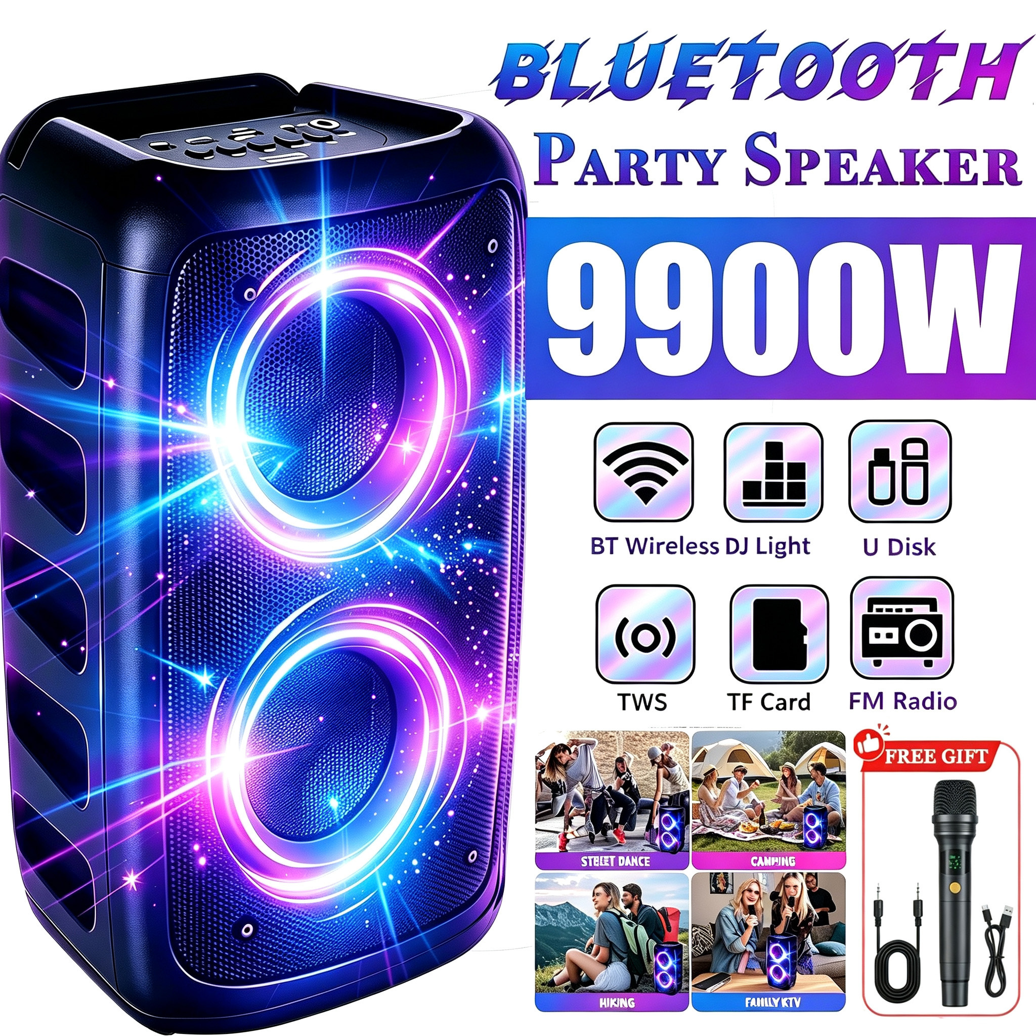 Portable High Power Wireless 5.3 Party Box Speaker, Rgb Rhythm Lights, Tws Wireless Stereo, Karaoke Speaker With Microphone, Support Usb Tf Card Fm Radio Heavy Outdoor Loud Speaker