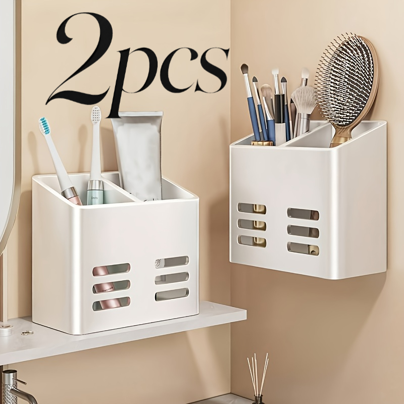 TEMU 2-pack Punch-wall-mounted Bathroom Organizer: Multi-functional Adhesive Storage Box Toothpaste, Combs& Makeup Brushes. Space-saving Vanity Caddy