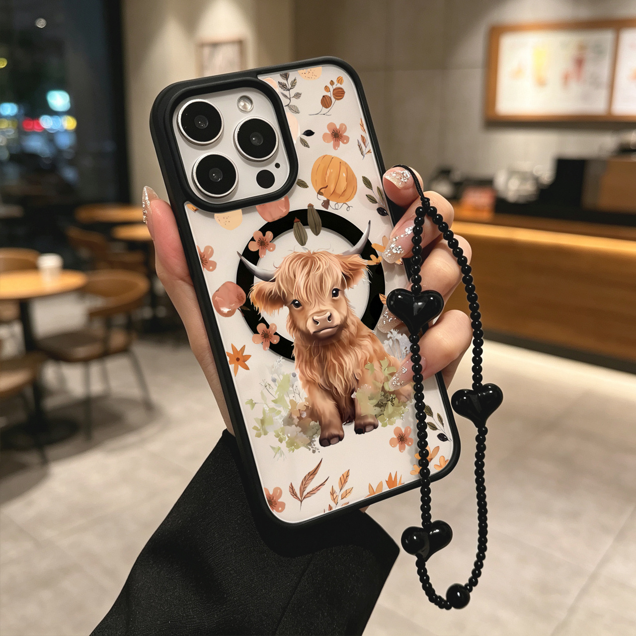 TEMU Phone Case - Compatible With Series Magnetic Phone Case, Autumn Highland Cute Cow Print Style, Anti-drop Hard Shell With Black Heart-shaped