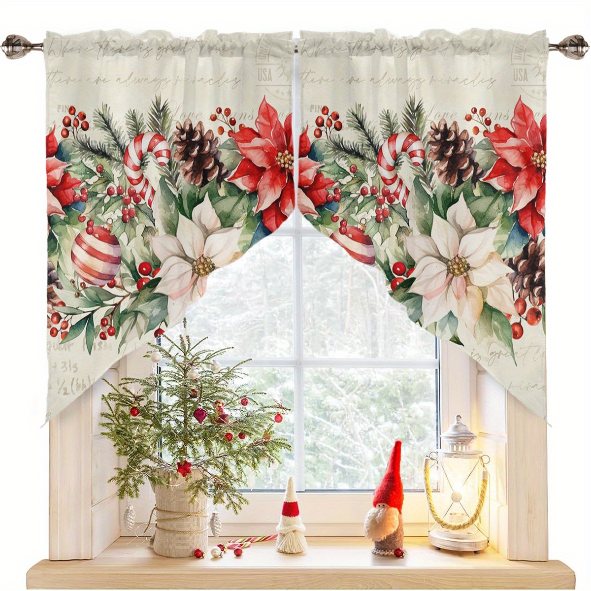 TEMU Vintage Floral Poinsettia Berry Christmas Valances - Woven Polyester Kitchen Curtains, Light-filtering Rod , Hand Wash Only Decorative Window