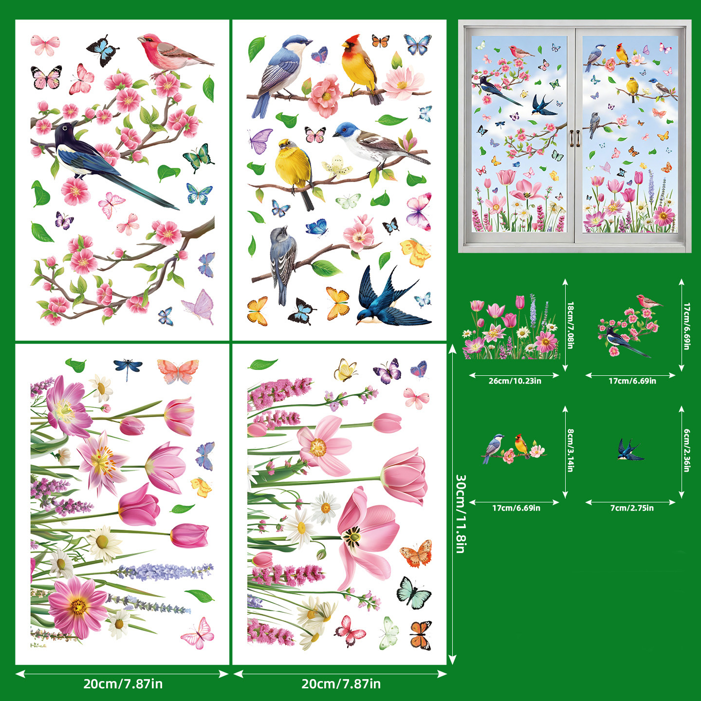 4 Sheets Spring Electrostatic Window Stickers | Suitable For Glass Doors, Featuring Bird, Branch, Flower, And Designs, Polyvinyl Chloride, Matte End, Irregular Shape, 5mil Thickness, Single Use