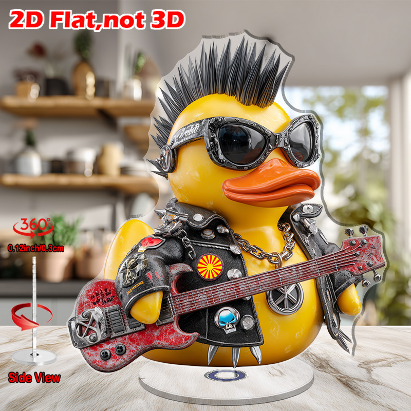 TEMU 2d Flat, 1pc Rotating Acrylic Desktop Ornament - Punk Mohawk Yellow Rubber Duck With Guitar, Spinning Base Suitable For Home Office Decor, /