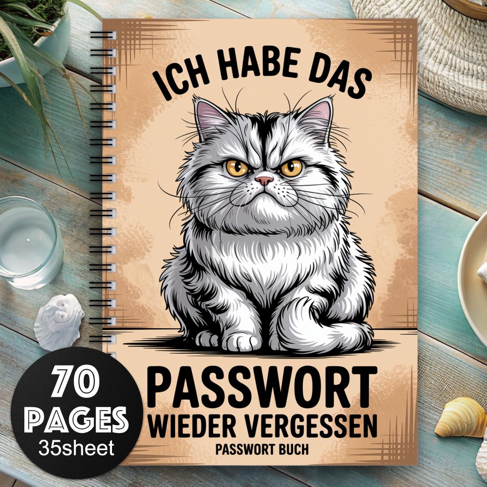 E-shop 1 Passwort-Notizbuch mit süßem grau-weißem British Shorthair Katzen-Design – 70-seitiges robustes Spiral-Passwort-Logbuch, Passwort-Manager