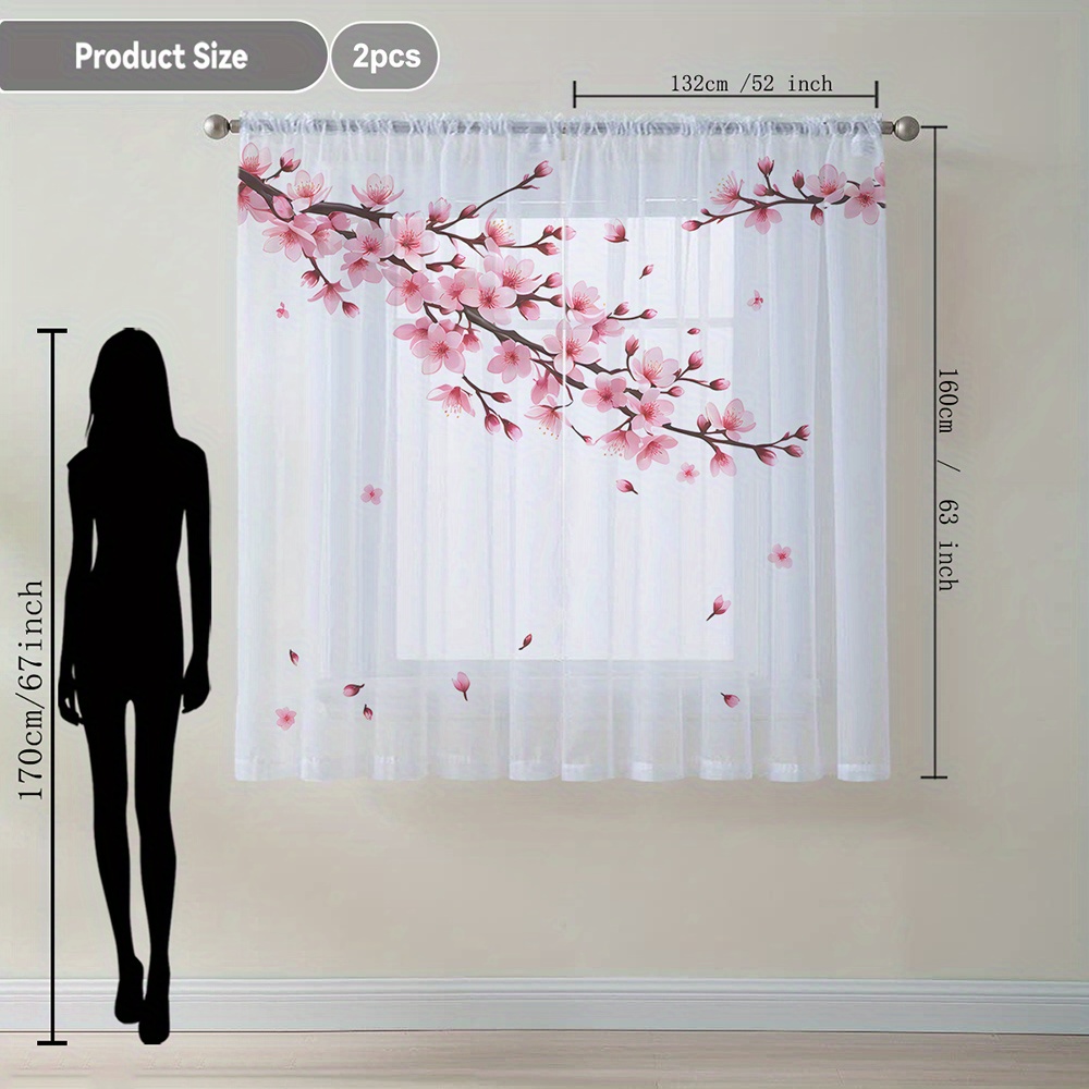 TEMU Launch 2pcs Home Decor Sheer Curtains, Featuring 2 Large Peach Blossoms In White For Valentine's Day, Perfect For Window Drapes Suitable For