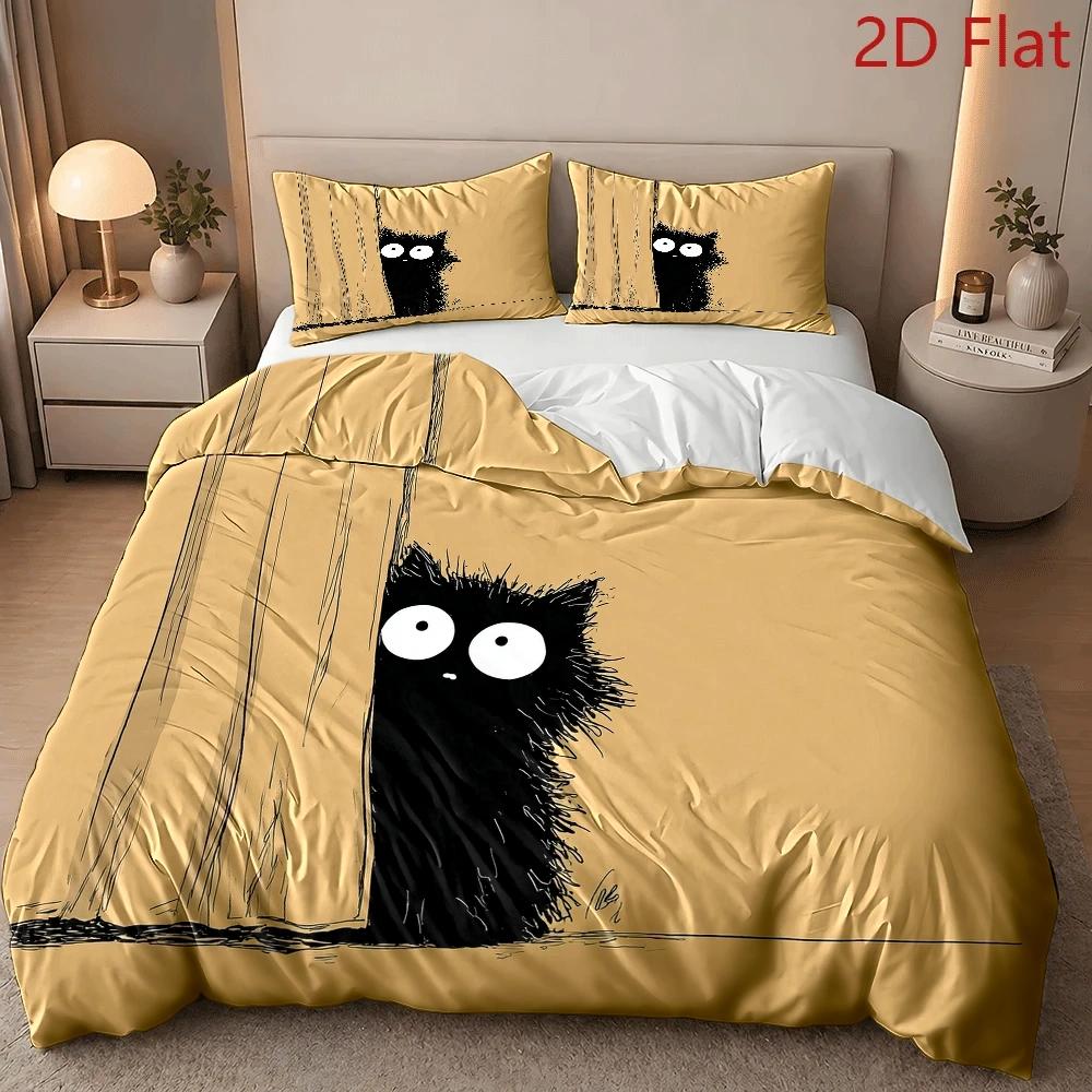 TEMU 3pcs Duvet Cover Set, 1 Duvet Cover   2 Pillowcases, No Filler, 2d Flat Printing, Black Cat Plush Theme, Simple Hand-drawn Style, , Suitable For