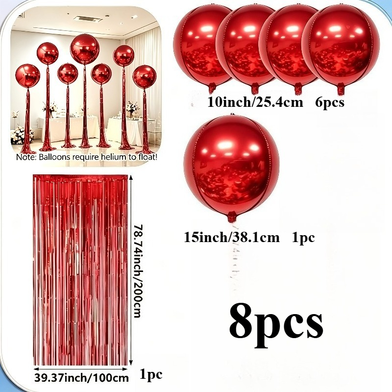TEMU 8pcs Red Aluminum Foil Party Balloon Set With Ribbons, Suitable For Christmas, Birthday Parties, Weddings, Anniversaries, New Year, Disco, And