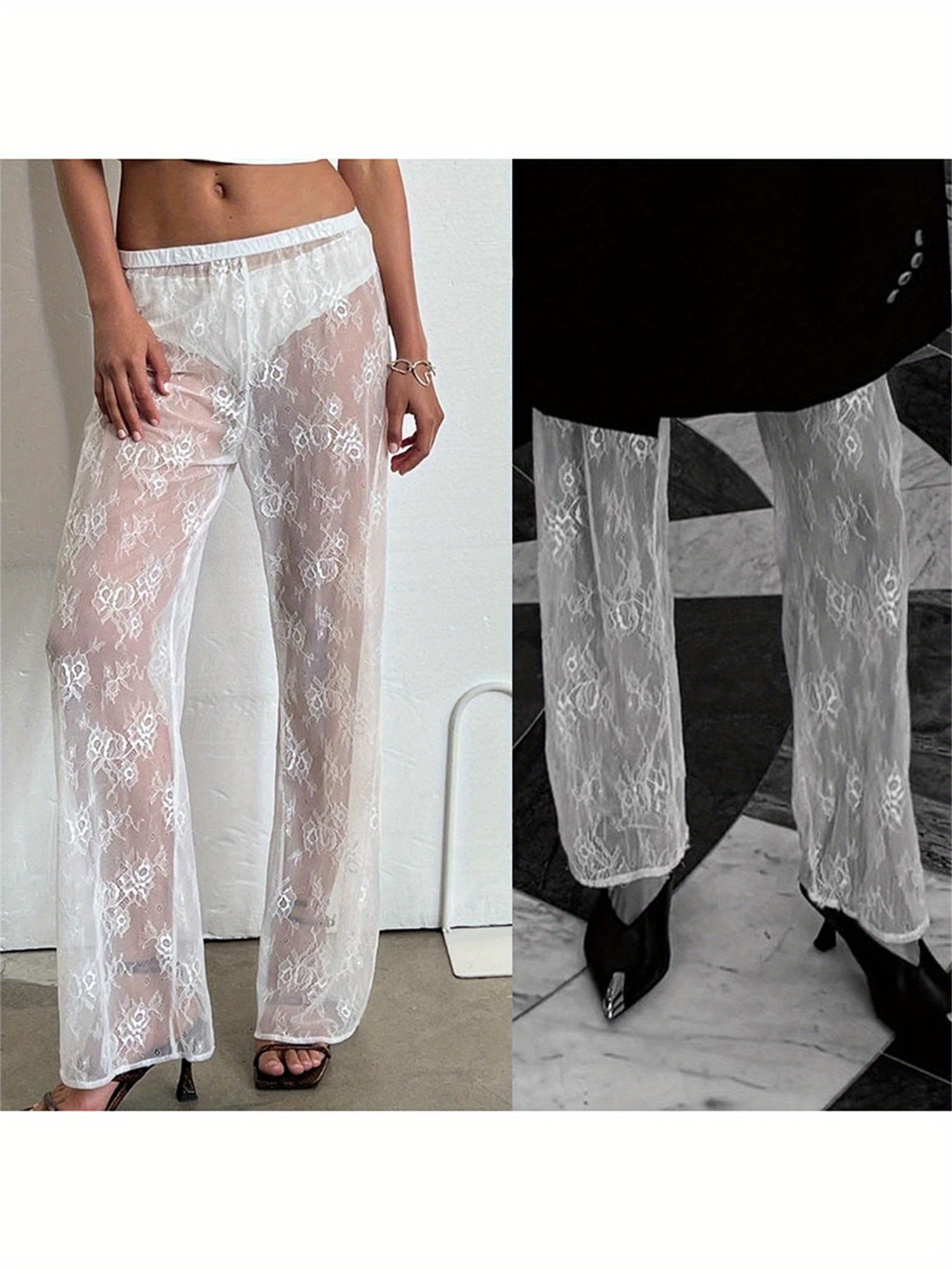 womens y2k lace pants sheer panel high waisted trousers semi
