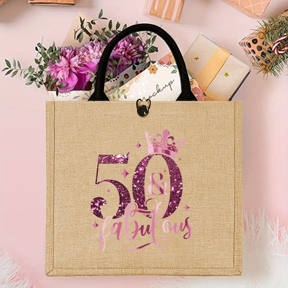 Image of Jute Fabric Tote Bag, Large Capacity, Handbag, With "" Print, For Birthday, Queen Theme, Picnic, Party, Travel, Shopping