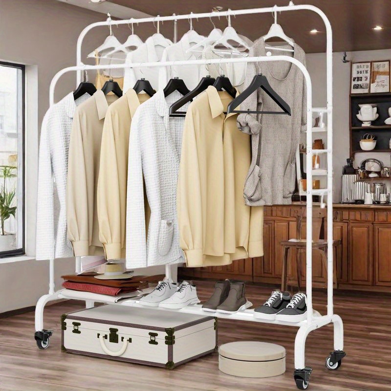   iron double rods garment rack with wheels freestanding multi functional clothing organizer portable clothes hanger with 4 hooks with no electricity required for closet storage details 6