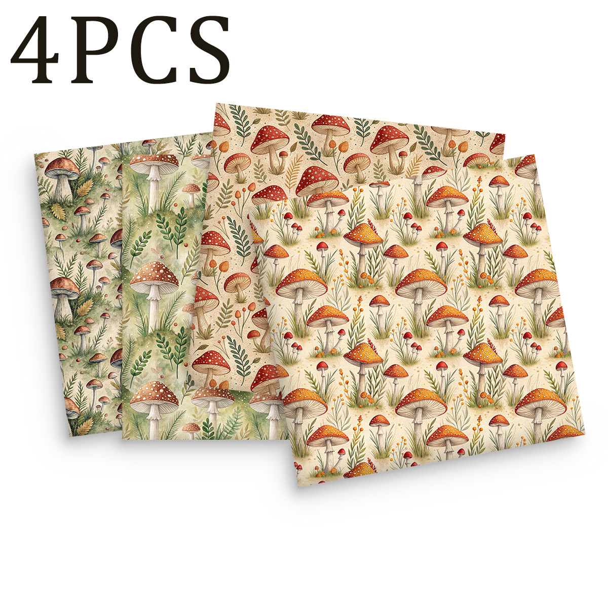 TEMU Internet Hit! By Thousands! 4pcs Forest-style Mushroom And Plant Fabric Set - Light Green With Brown Mushrooms, Dark Green With Red Mushrooms,