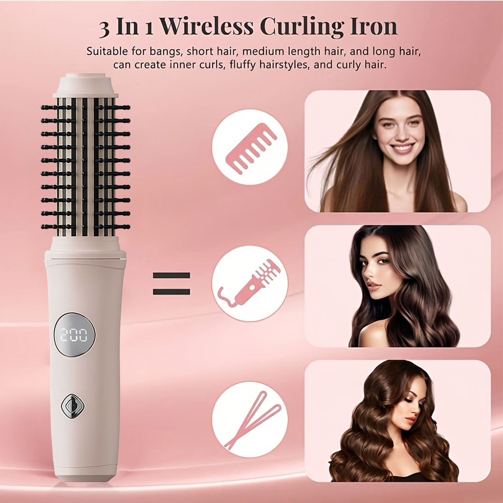 TEMU Cordless Curling Iron Rechargeable, Portable Travel Curling Iron Brush, 3-in-1 Hair Straightener Brush With Led Display Ideal Present For Women,