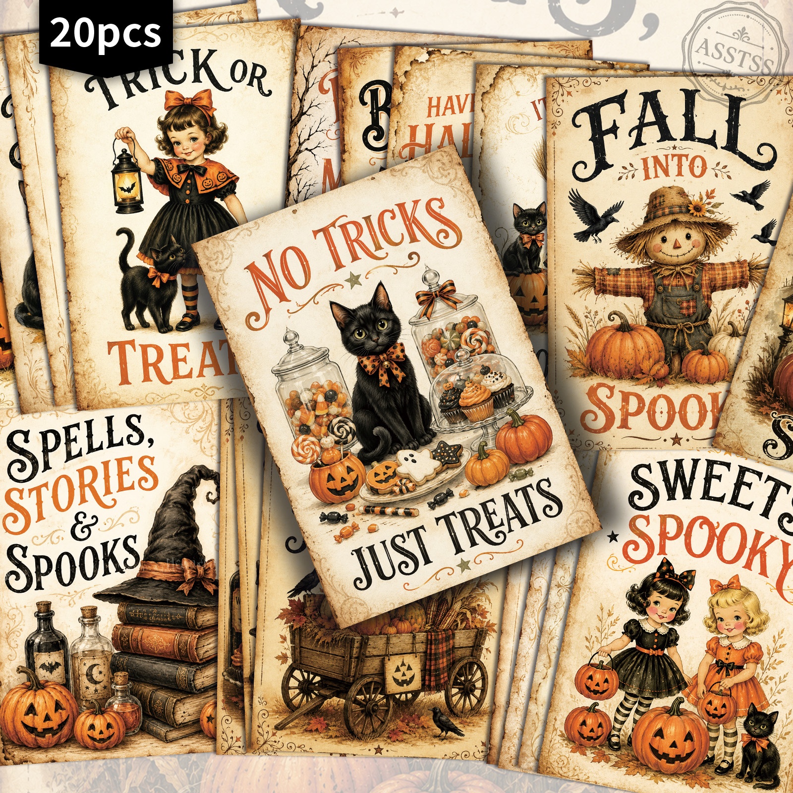 TEMU Lot de 20 cartes postales d'Halloween vintage et mignonnes ASSTSS - 4x6 pouces, fournitures rétro pour journal de récupération, illustrations