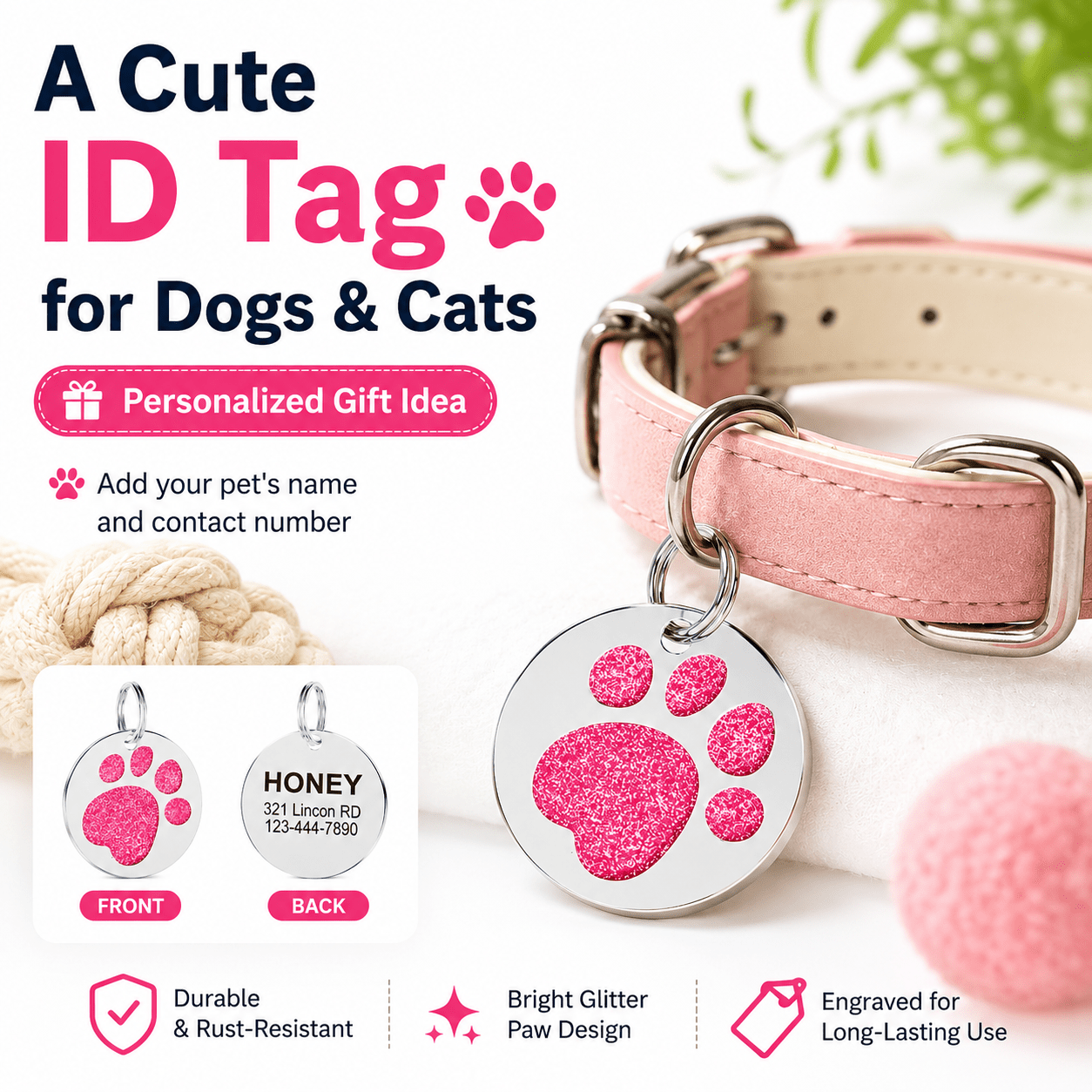 Personalized Double-Sided Pet ID Tag with Custom Name and Phone Number