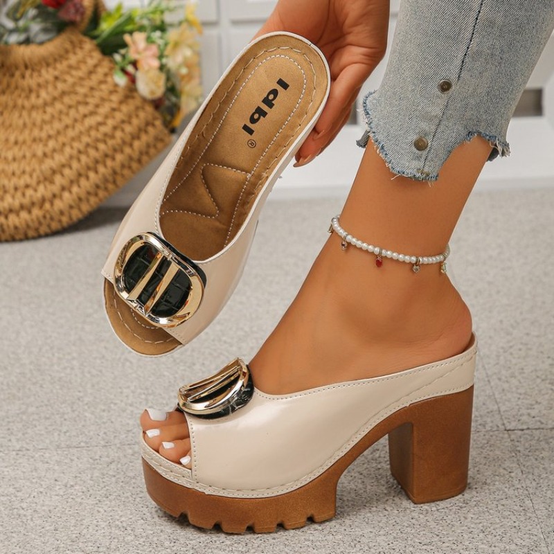 Image of Metal , Thick-soled, Chunky Heel Sandals For Women. High Quality Platform,, High Heel, 1pc Design. Casual, Retro Style, Perfect For Wearing Outside. Great For Larger Sizes And Feet., Women Shoes