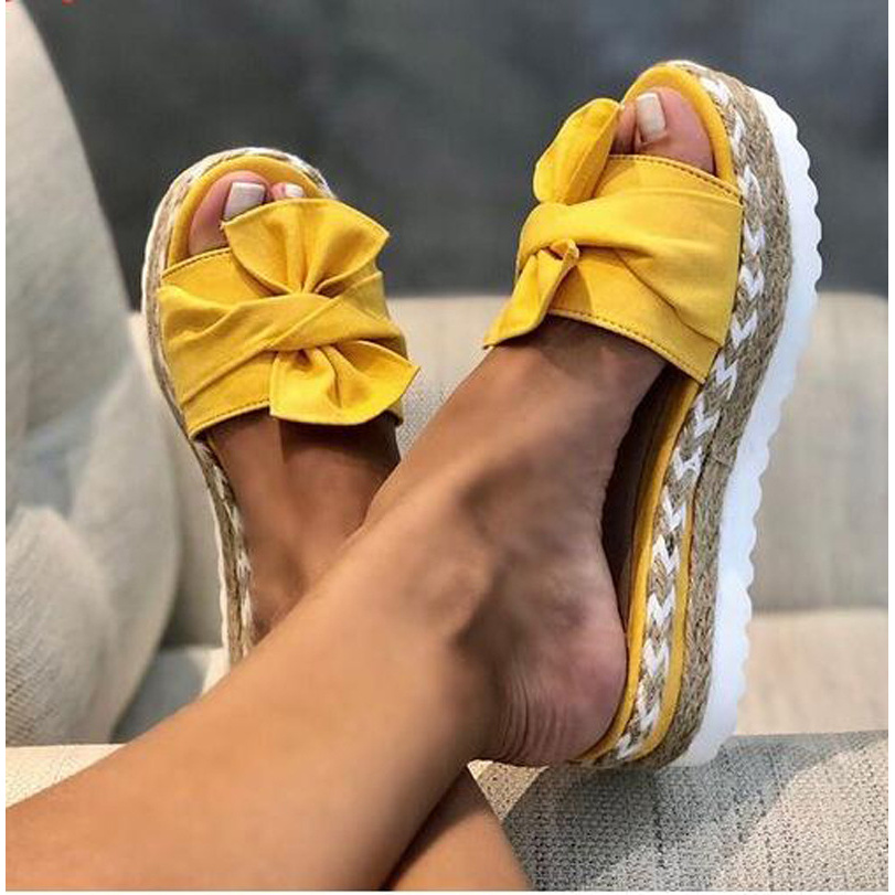 Image of 2026 New Style Women's Plus Size Thick Bottom Slippers With Bow, Wedge Heel Beach Sandals, Bow Woven Straw Thick Bottom Slides, Herringbone Woven Summer Platform Sandals, Plus Size, Women Shoes