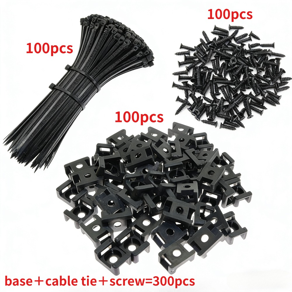 TEMU Kit de gestion de câbles 300 pièces, ensemble comprenant 100 plaques de base + 100 attaches de câble + 100 vis, base adhésive permanente pour