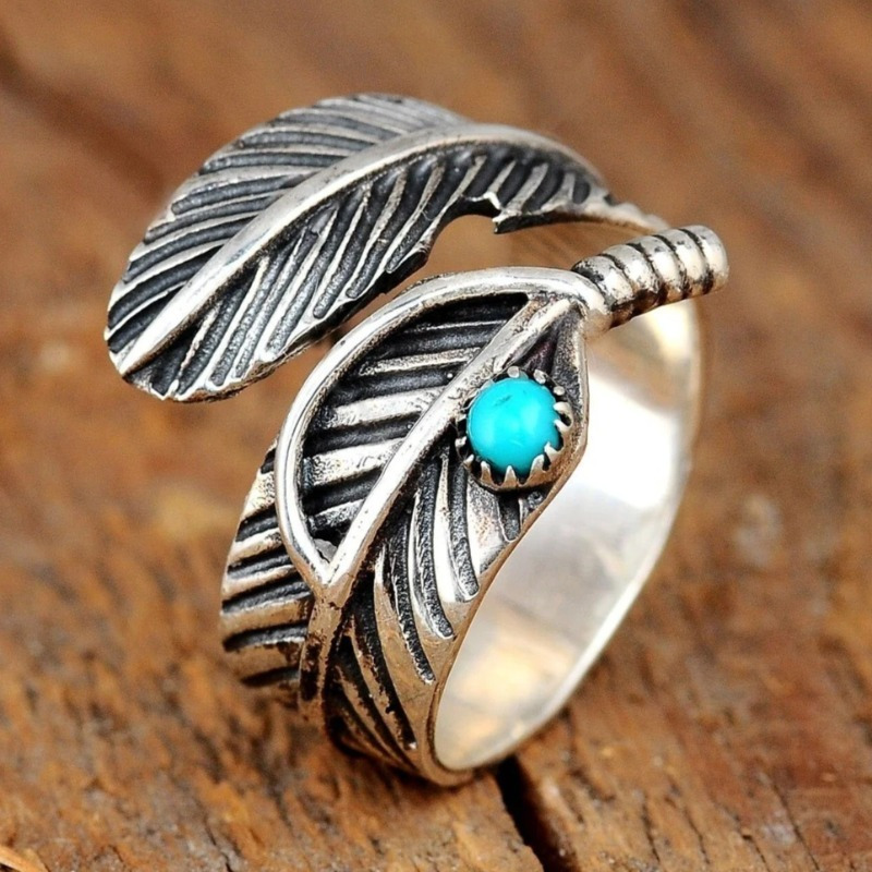 E-shop Damen Vintage Boho-Stil Verstellbarer Blatt-Ring mit Synthetischem Türkis - Offenes Design, Weiß K Goldplattiert, Ideal für den , Partys &