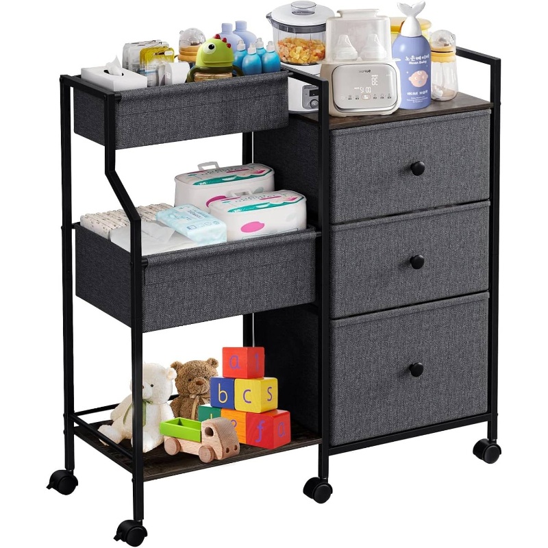 3 Tier Rolling Cart Diaper Caddy Organizer and Storage | with Drawers and Dividers, Essentials Cart for Nursery, Bedroom, Changing Table, Crib