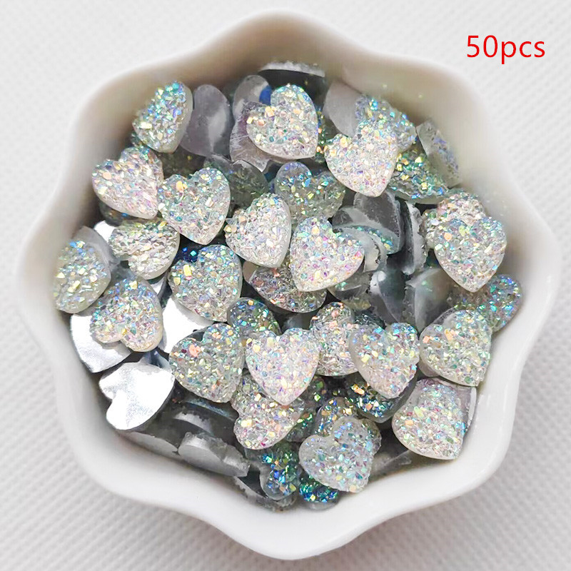 TEMU 2d Flat - A Set Of 50 Shiny Flat Back Resin Ab Heart-shaped Pendants Measuring 1cm/0.39 Inches, Ideal For Bracelets, Earrings, And Other Jewelry