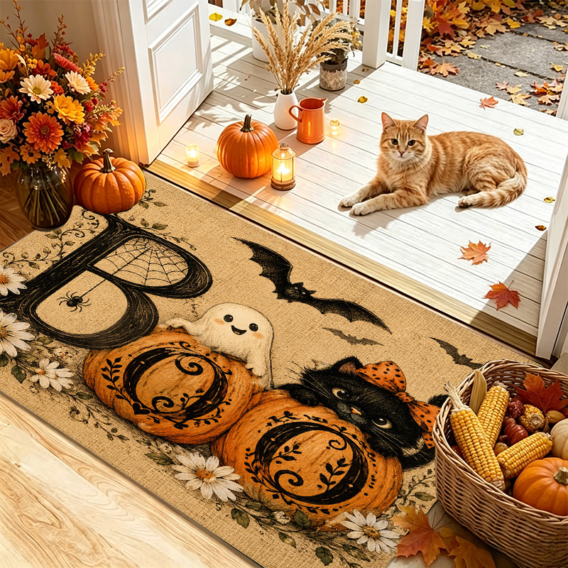 TEMU Tapis de plat 2D 1pc antidérapant, idéal pour d'Halloween/Thanksgiving, avec motif "Boo" citrouille, , chauve-souris et imprimés floraux, en