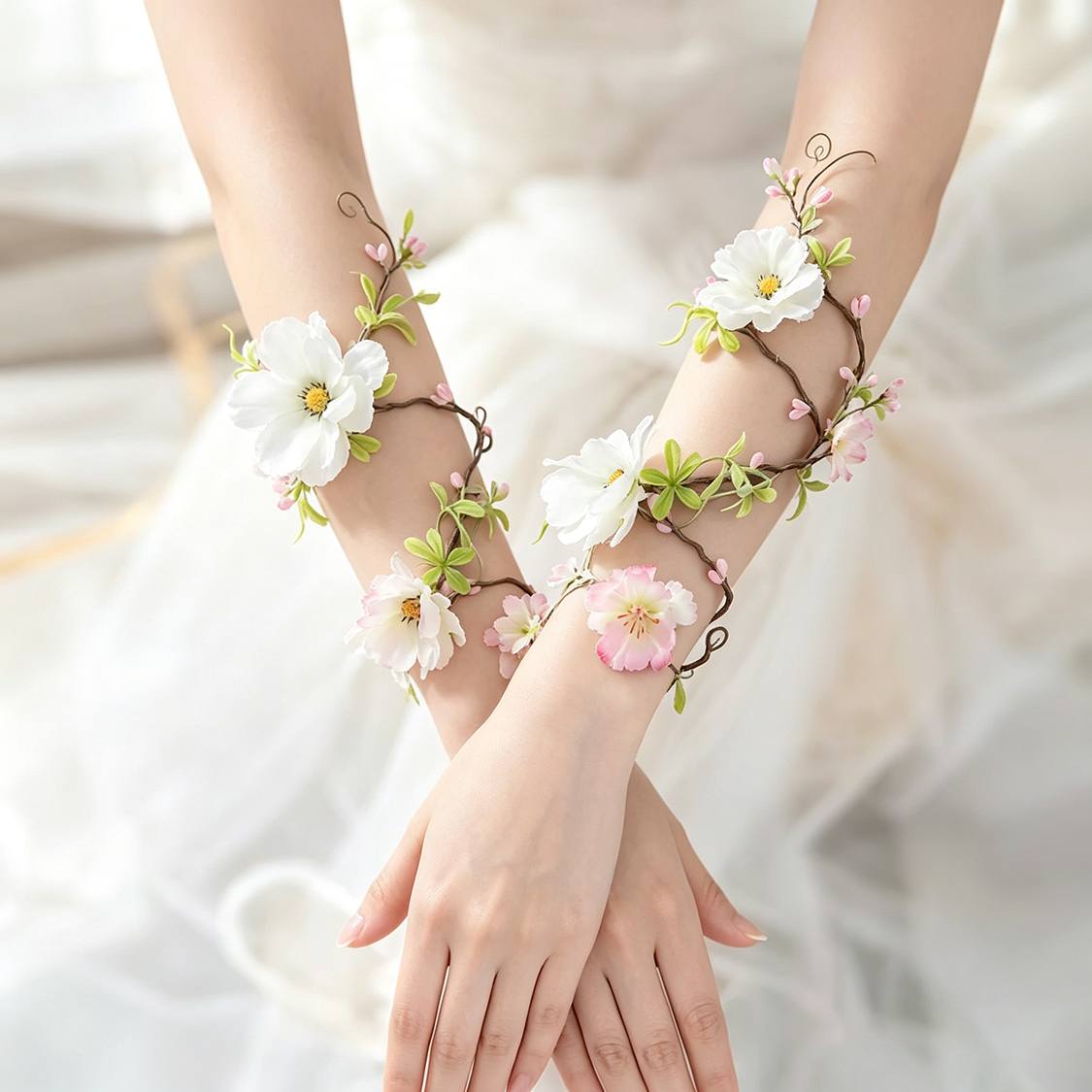 TEMU 2pcs Long Wrapped Vine Flower Wrist Corsage Arm Bands, Vintage Wedding Red And White Flowers With Green Leaves Accessories, Floral Arm Bands For
