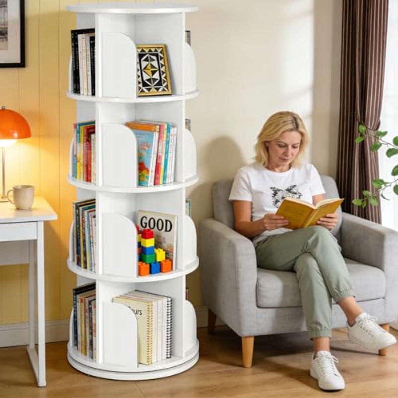 compact 4 tier rotating bookshelf for   spaces 360 degree display floor standing storage rack wooden narrow book organizer for bedroom and living room in white Product details 0
