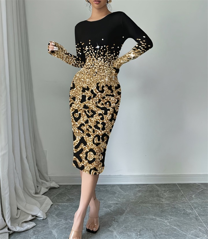 新款秋冬装连身裙时尚豹纹渐变印花圆领长袖中长款连衣裙 商品详情 4