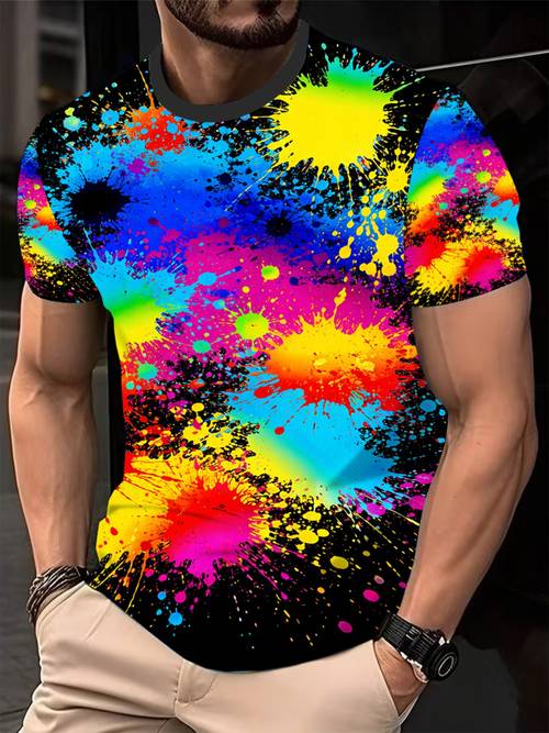 mens summer short sleeve t shirt with colorful paint splatter print round neck casual shirt breathable suitable for wear machine washable modern minimalist for paint splatter design no textured design