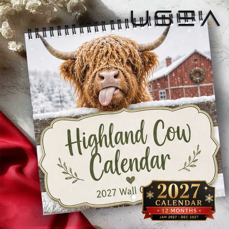 TEMU Calendrier mural 2027 Calendrier mural Vache Highland 2027, Agenda mensuel 12 mois, Calendrier mural à suspension à spirale double fil avec