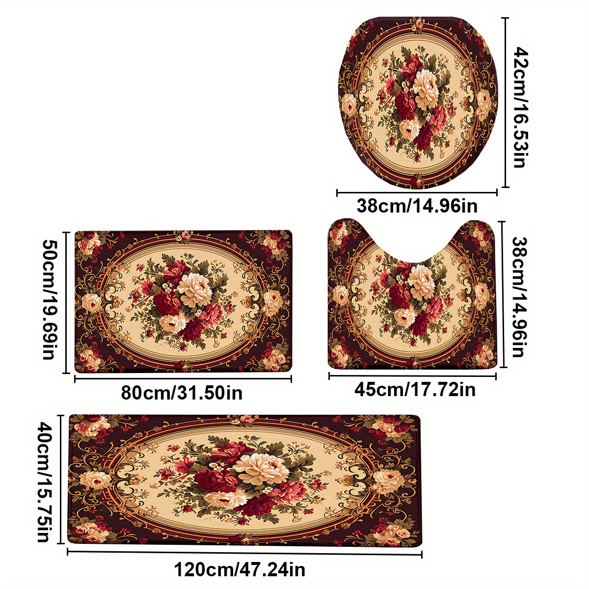 TEMU 4pcs/ Set Retro Printed Bathroom Protective Mat Set, Non-slip Bathroom Mat, Flannel Bathroom Mat, Bathroom Floor Mat, Toilet Mat Universal Soft