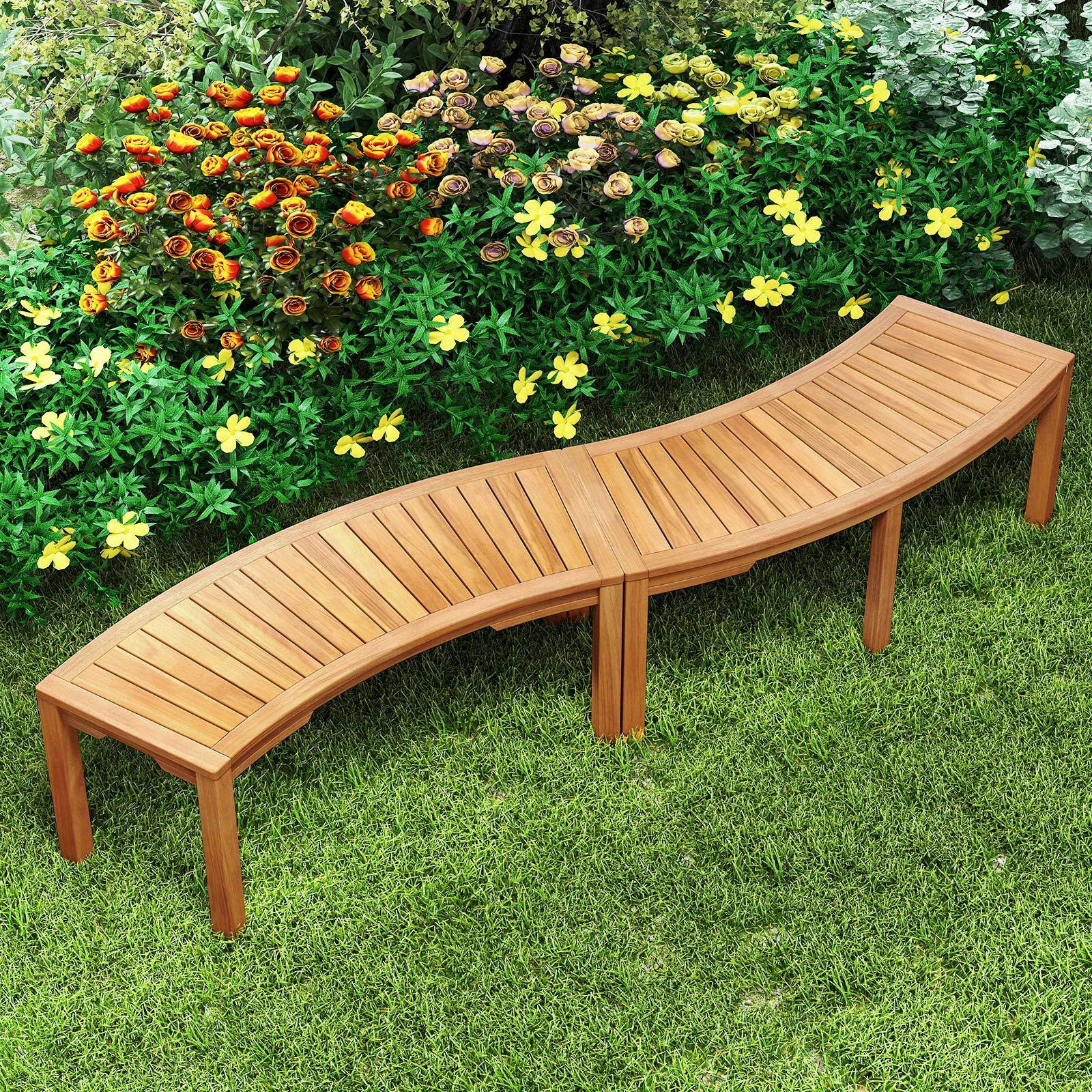 COSTWAY Outdoor Curved Bench, Acacia Wood Backless Fire Pit Bench with Slatted Seat, Wrap Around Tree Bench, Rustic Wooden 2-Person Seating for Porch, Backyard, Patio, Deck, Natural