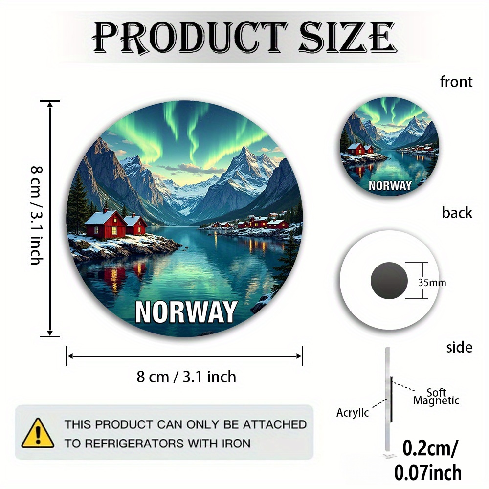 TEMU 1 Iman para nevera con temática noruega - Diseño de Aurora Boreal (Luces ) y noruega, decoración magnética redonda con paisaje de y de casa,