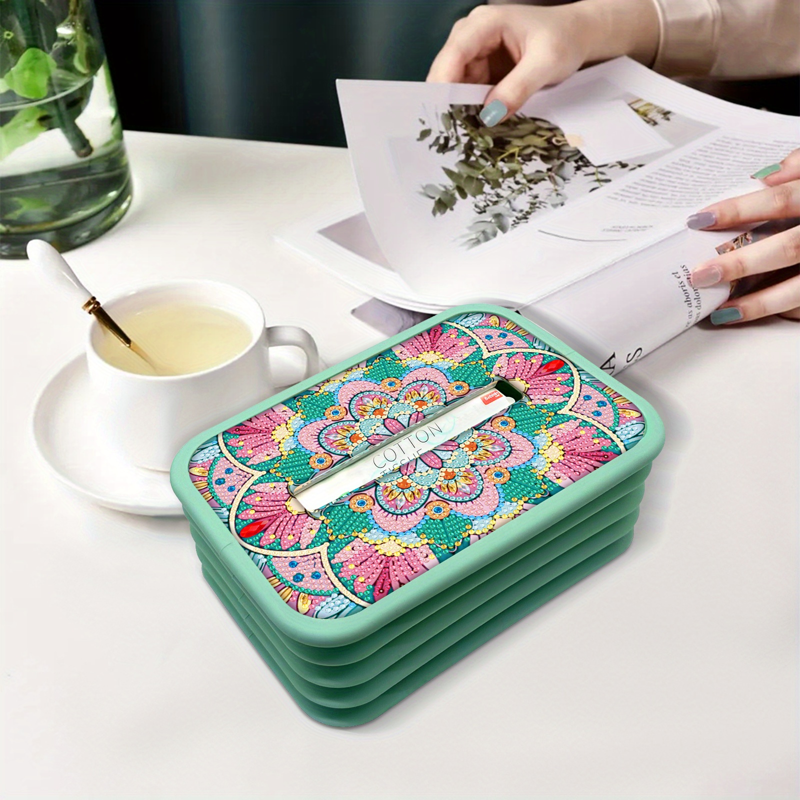 1pc handmade diamond painting tissue box holder floral diy craft with   mint green background decorative tissue organizer for living room housewarming wedding birthday gift   assembly tools   decor centerpiece mosaic effect decorative storage item Product details 4