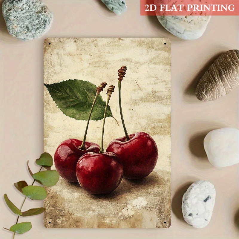 TEMU 2d Flat, 1pc Rustic Farmhouse Metal Wall Decor - 8x12 Inch Juicy Cherries Iron Sign With Vibrant Red Cherries & Green Leaves, Vintage Kitchen