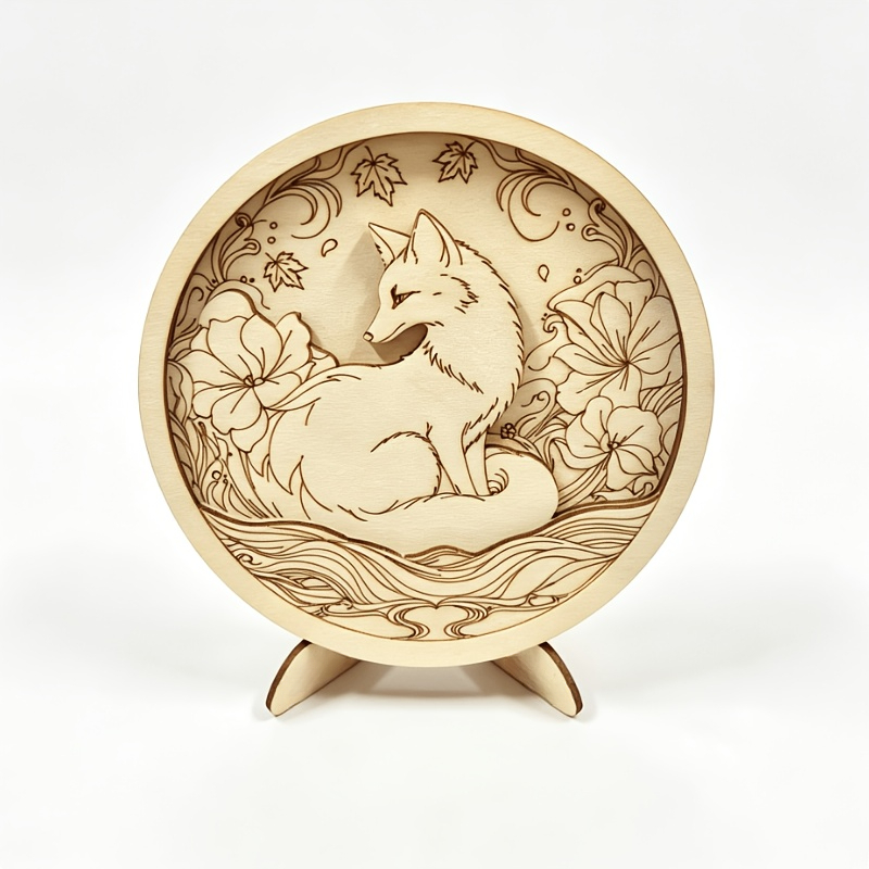 TEMU 1set Hollow Wooden Fox Floral Desktop Ornament, With Matching Display Stand, 2d Cut Wood Board (3 Layers), Wooden Blank Base Board For Coloring