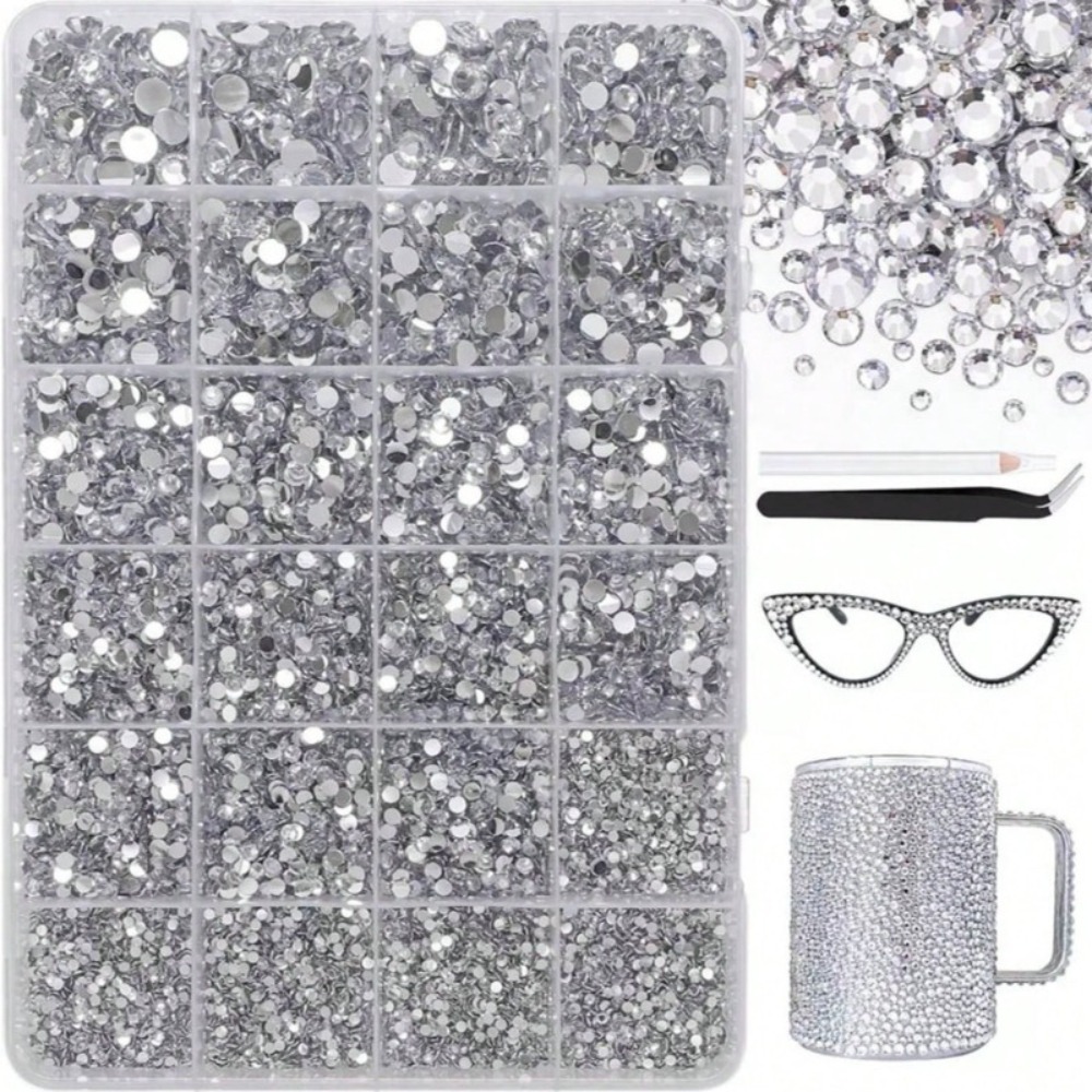 TEMU Set de décoration de strass pour nail art 10009 pièces, strass ronds brillants à dos plat avec stylo et pince à épiler, accessoires de nail art