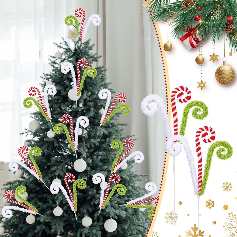 TEMU 15.75-inch 2pcs Set Red White Cane Staff-shaped Christmas Tree Branch, Lime Green Curly Branch Large Lollipop Decorative Branch, Christmas Elf