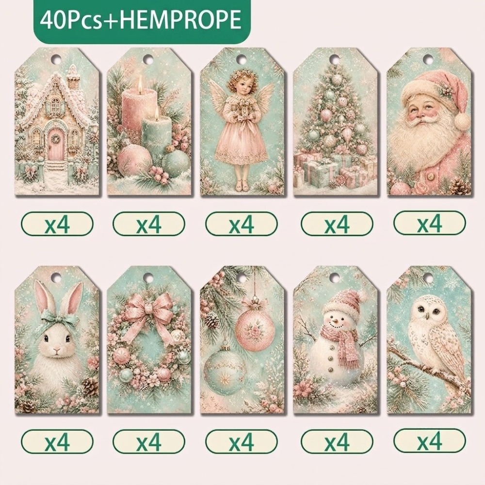TEMU 40pcs Pink Christmas Hang Tags, Christmas , Exquisite Christmas Gift Tags, Hang Tags, Plus 1 Roll Of 10m Hemp Rope, Christmas Party Decorations,